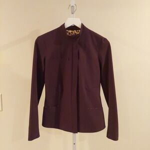 Vtg Cache Blazer Size 2 Brown Zip Front‎ Bishop Collar Pockets Office Career